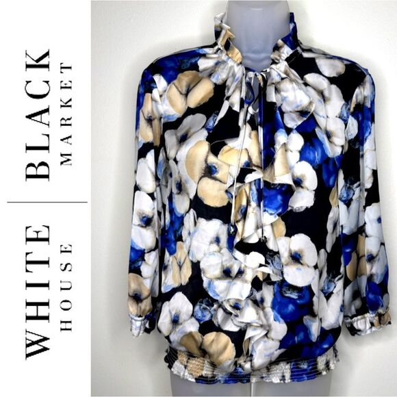 White House Black Market Tops - White House Black Market Top Blue White Floral Long Sleeve Blouse. Extra Small